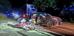 Two hurt in crash between motorbike and SUV