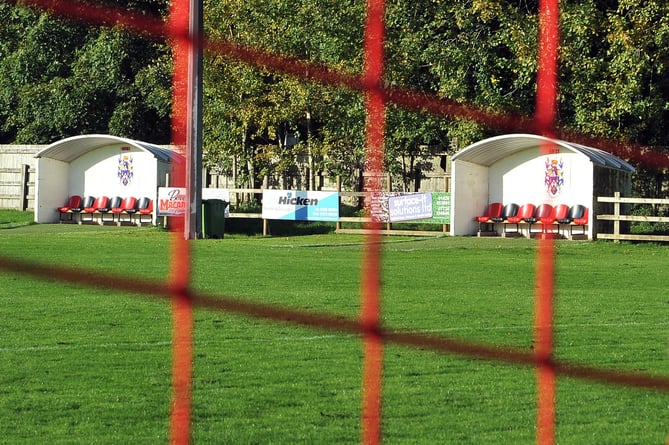 MDA191019A_SP002  Photo: Steve Pope
Football. Empty dugouts and pitch at Bovey Tracey as their FA Vase match against Abingdon was cancelled at the very last minute