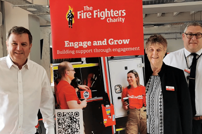 Mel Stride MP, Dr Jill Tolfrey and Richard Jenkins at Harcombe House, Chudleigh, a rehabilitation centre of The Fire Fighters Charity.