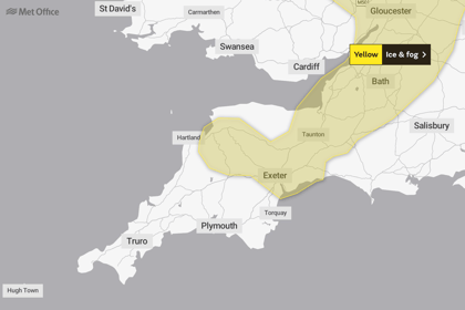 Yellow weather warning of ice and fog affecting Devon