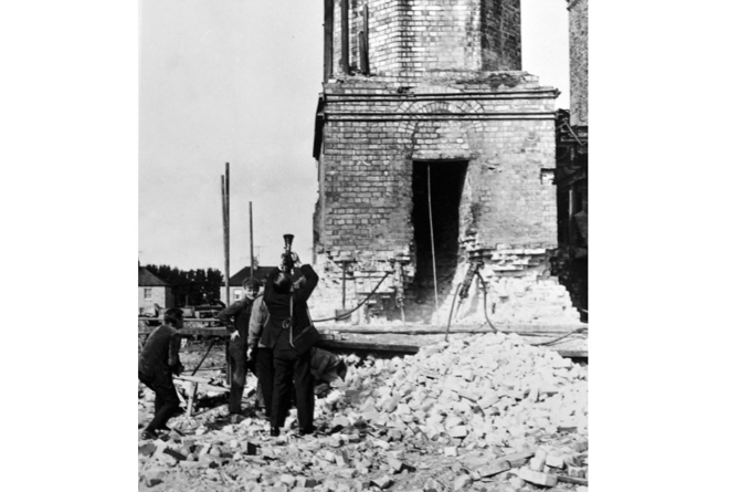 Televisual interest. A local BBC crew filing the demolition. Health and safety then
was a case of the gaffer saying: ‘Be careful lads.’