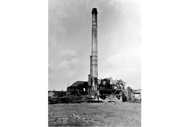 A view of the chimneys as demolition continues taken by the Mid-Devon Advertiser in the spring of 1968.