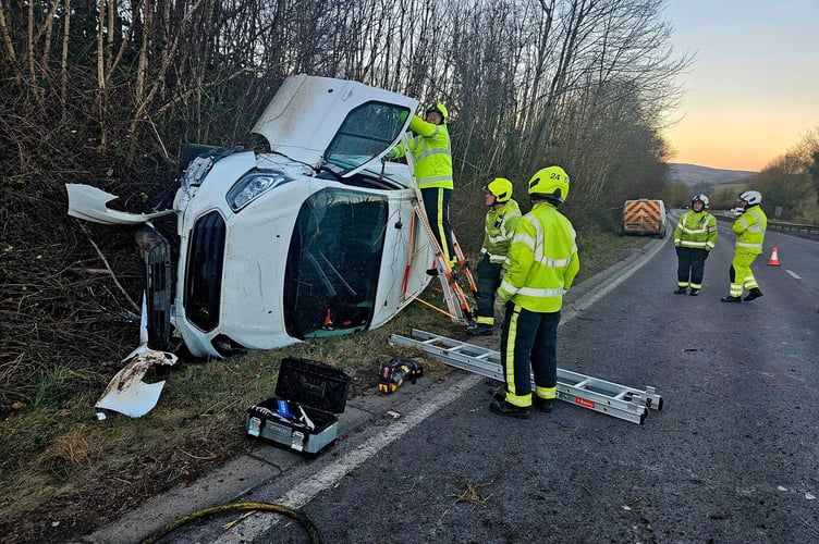 Firefighters at scene of A38 crash. Photo Buckfastleigh fire station 