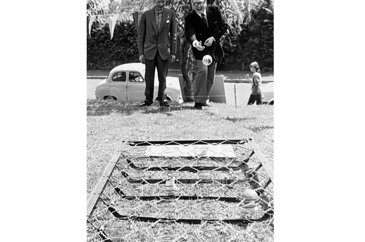 Cllr Tony Sawyer and Revd Arthur Rose throwing the first ball at the start of the Teignmouth’s Christ Church fete in July 1982