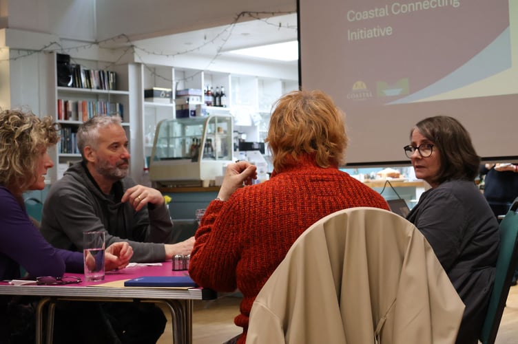 Meeting to shape the Coastal Connecting training. L-R: Julia Street (Volunteering in Health), Simon Dunn (Dawlish Hub Store),  in red jumper with back to camera Cllr Joan Atkins (Teignmouth Town Mayor), Anja Kroening-Maynard (Teignbridge CVS).