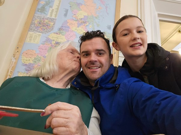 Jamie Dyson who raised over £9k for Alzheimer's Society running the London Marathon pictured with his grandmother Dotty and daughter, Olive.