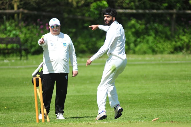 Devon Cricket League A Division.  Abbotskerswell versus Kilmington. No doubt about that wicket - Abbots' Par Singh and umpire Ray Allen both agree.