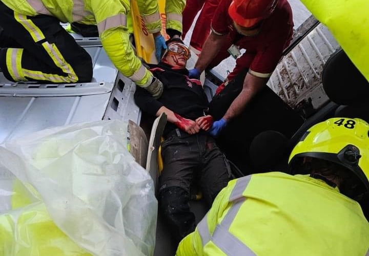 Firefighters practice extricating a casualty from a van