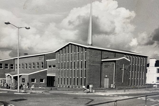 The Methodist  Church on The Avenue in  Newton Abbot from the early 1970s when it still boasted a spire