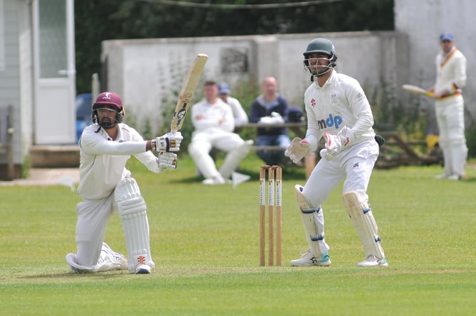 Devon Cricket League B Division. Chudleigh versus Stoke Gabriel.  Chudleigh's Manroz Bhullar and Stoke 'keeper Abhishek Anand  Five wicket  win for Stoke Gabriel. Chudleigh 163/7 (41.0) Stoke 164/5 (34.4).