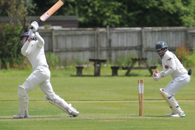 Devon Cricket League B Division. Chudleigh versus Stoke Gabriel. Stoke 'keeper Abhishek Anand gets a close up view of Tim Sandercombe losing his wicket. Five wicket run for Stoke Gabriel. Chudleigh 163/7 (41.0) Stoke 164/5 (34.4),