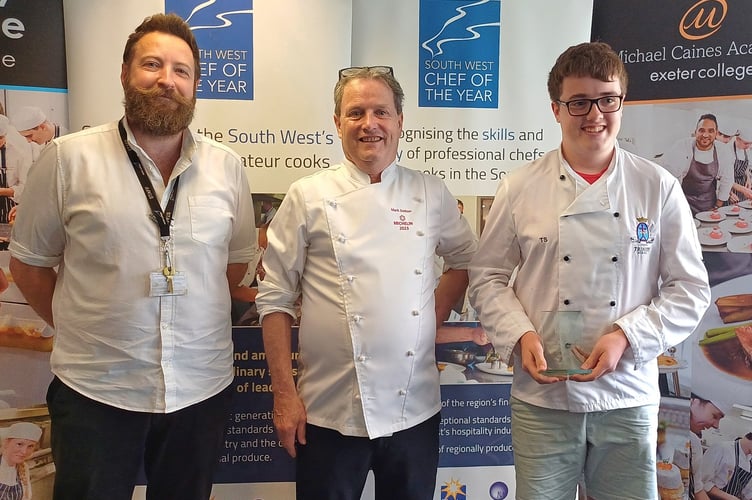 Tom celebrates with the Devon Junior Chef of the Year judges (L-R) Matthew Pickett, Mark Dodson and Tom Sinclair.