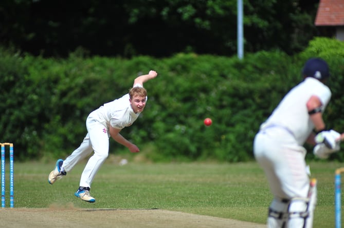 Devon Cricket League B Division Bovey Tracey 2nd XI versus Chudleigh 1st XI. A bad day out for Chudleigh who despite mananging to get Bovey all out for 139, found themselves decimated by the Bovey bowling and were all out for 52 after 20.5 overs. Bovey's Dan Green.