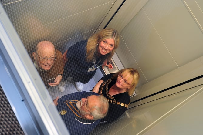 Alice Cross Centre, Teignmouth. New lift officially opened in building. Mayor Cate Williams, centre manager Jackie O'Brien, Robin Buchanan (treasurer Dawlish Water Rotary and Colin Barber (president Rotary Club of Teignmouth)