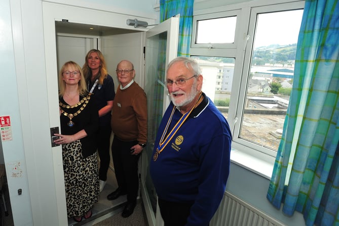 Alice Cross Centre, Teignmouth. New lift officially opened in building. Mayor Cate Williams, centre manager Jackie O'Brien, Robin Buchanan (treasurer Dawlish Water Rotary and Colin Barber (president Rotary Club of Teignmouth)