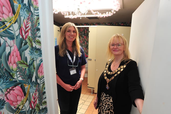 Alice Cross Centre, Teignmouth. Room with a loo -  Mayor Cate Williams and  centre manager Jackie O'Brien and the newly refurbished ladies toilet