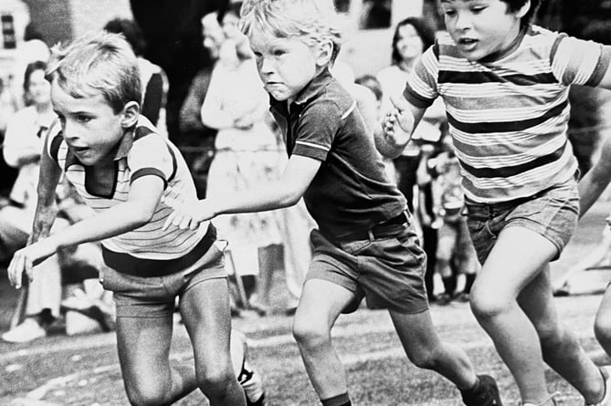 Archive. Grim determination on the faces of these youngsters in August 1978 at the children's sports day event during Dawlish Carnival Week 