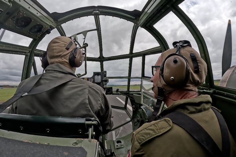 Bristo Blenheim.  Reaching for the sky - David and pilot Jon Gowdy line-up the aircraft on the runway at Duxford prior to take-off