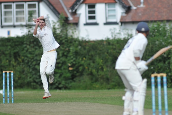 Devon Cricket League B  Division. Bovey Tracey 2nd XI versus Bideford/Littleham/Westward Ho! CC Saturday 1st XI. Bovey bowler Jack Ansley lines up on Jack Ford