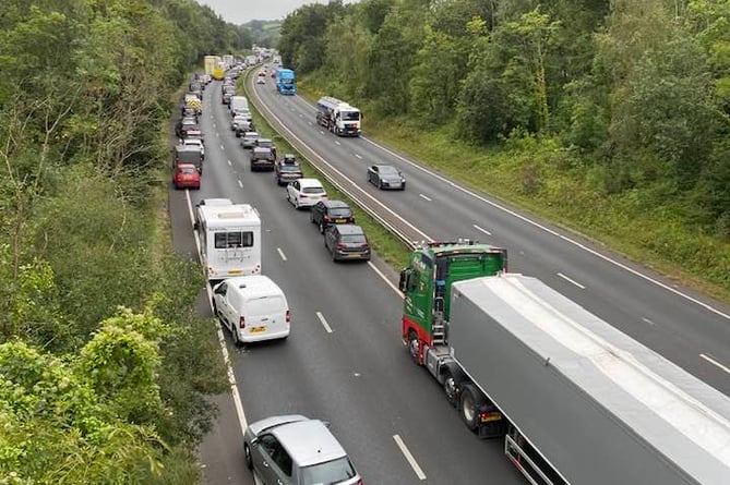 Traffic queueing on the A38 westbound near Drumbridges