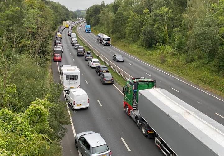 Traffic queueing on the A38 westbound near Drumbridges