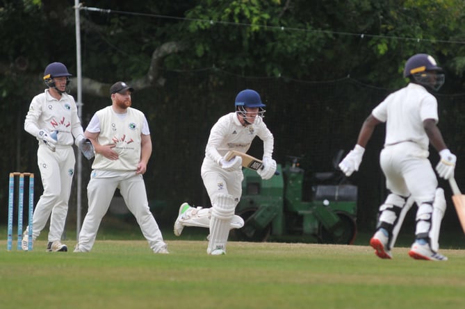 Devon Cricket League Premier Division.  Bovey Tracey versus Bradninch & Kentisbeare. Bovey's Jake Pascoe