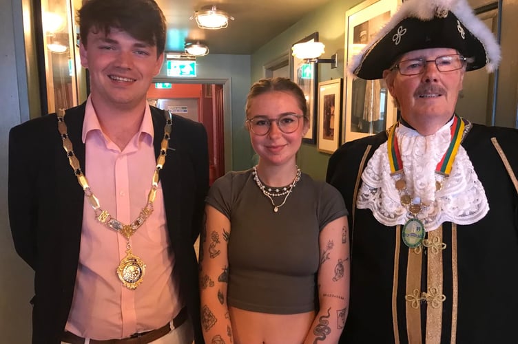 Mayor Cllr Alex Hall, KT Bennett  with Portreeve Allan Vizor  
