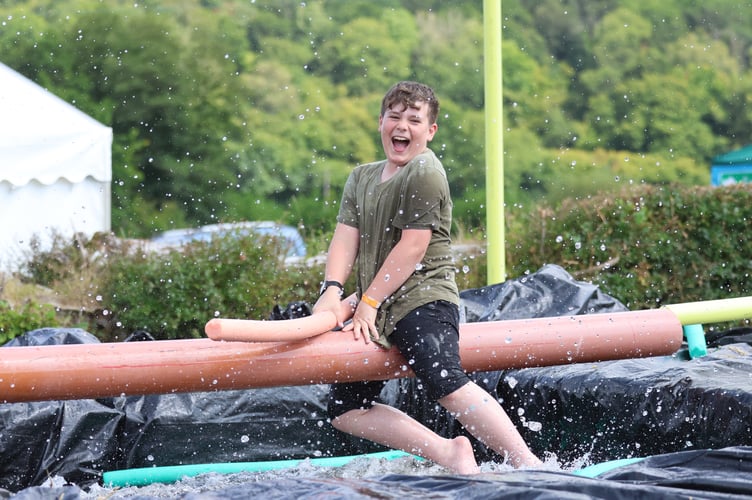 Aiden Davies 12 enjoys greasy pole at Lustleigh Show