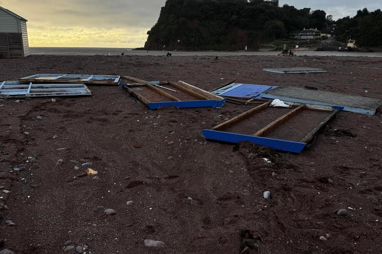 Teignmouth beach hut destroyed by the stormy conditions. Photo Miles Holden 