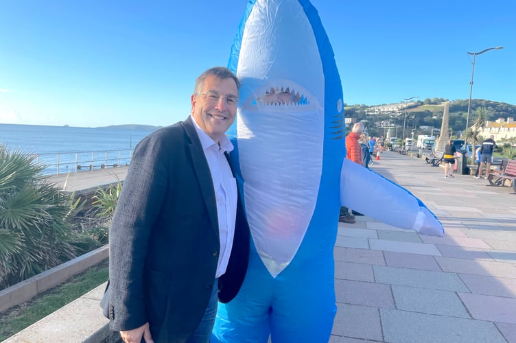 Martin Wrigley MP and Geoff Pringle in the shark outfit at the Teignmouth Promenade Parkrun 6th birthday.