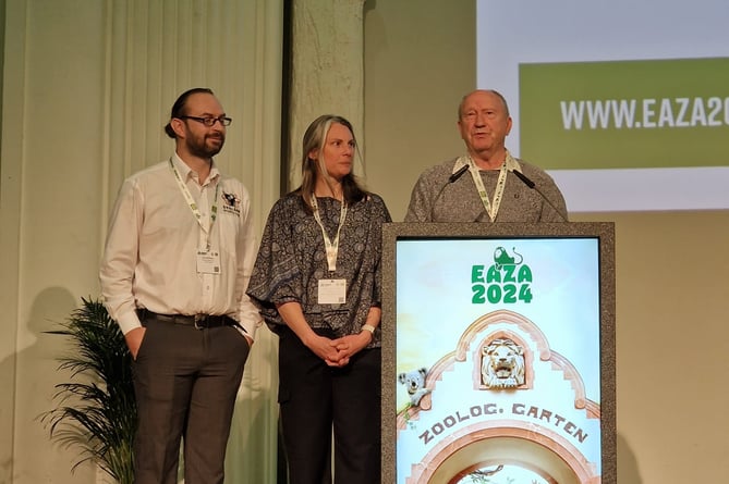 Stewart Muir, right, receives his award with Zac Showell, left and Aude Desmoulin centre, who both sponsored Stewart's nomination. 