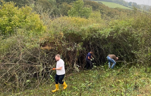 NGED volunteers clearing blackthorn to help vulnerable brown hairstreak butterfly at the Barn Owl Trust near Ashburton