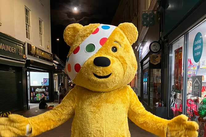 Pudsey Bear on Bank Street in Teignmouth for Children in Need