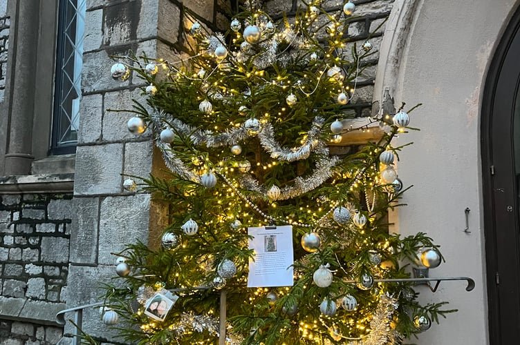 The illuminated Christmas Memorial Message Tree outside Teignmouth Methodist Church 