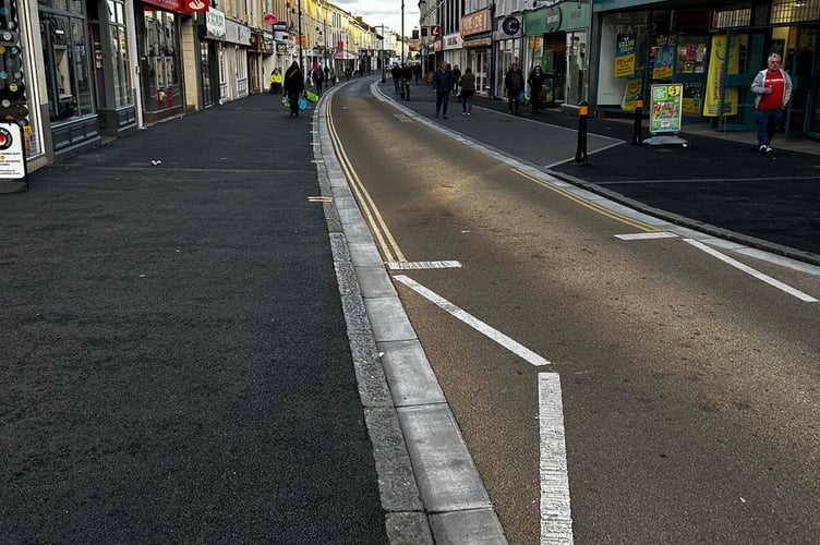 Queen Street, Newton Abbot is lacking dropped kerbs. Photo Nigel Canham 